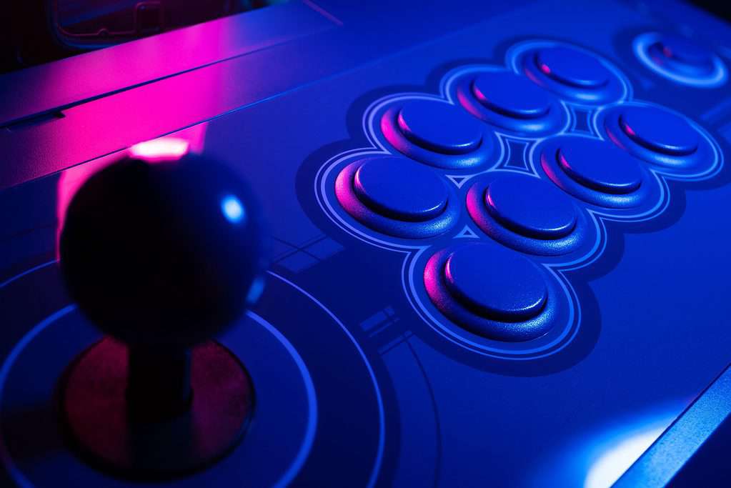 Arcade Stick Buttons, Gaming controls colorful RGB lights. arcade near me