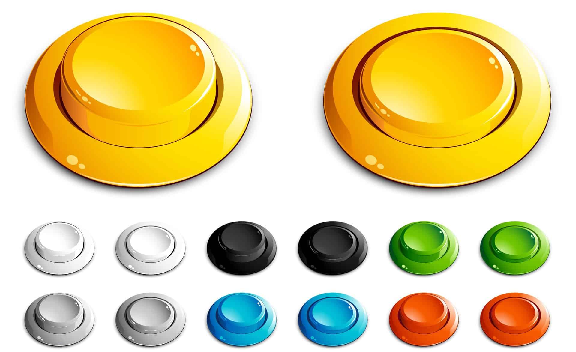 Stock image showcasing an array of concave arcade cabinet buttons in different colors and states. The image includes two large, shiny yellow buttons, one depicted in an unpressed state and the other pressed down. Below them, there are smaller buttons in two rows featuring colors such as silver, black, green, blue, and orange. Some of the smaller buttons appear in a raised position indicating they are unpressed, while others are depicted in a pressed position, showing their functionality within an arcade gaming context
