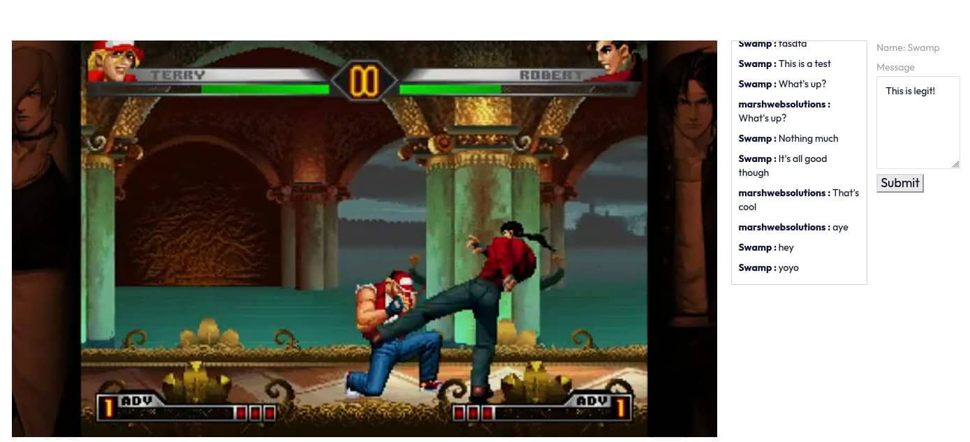 Screenshot displaying the new streaming interface of Blueburst.gg, featuring 'The King of Fighters '98 Ultimate Match Final Edition' gameplay with an active stream chat alongside.